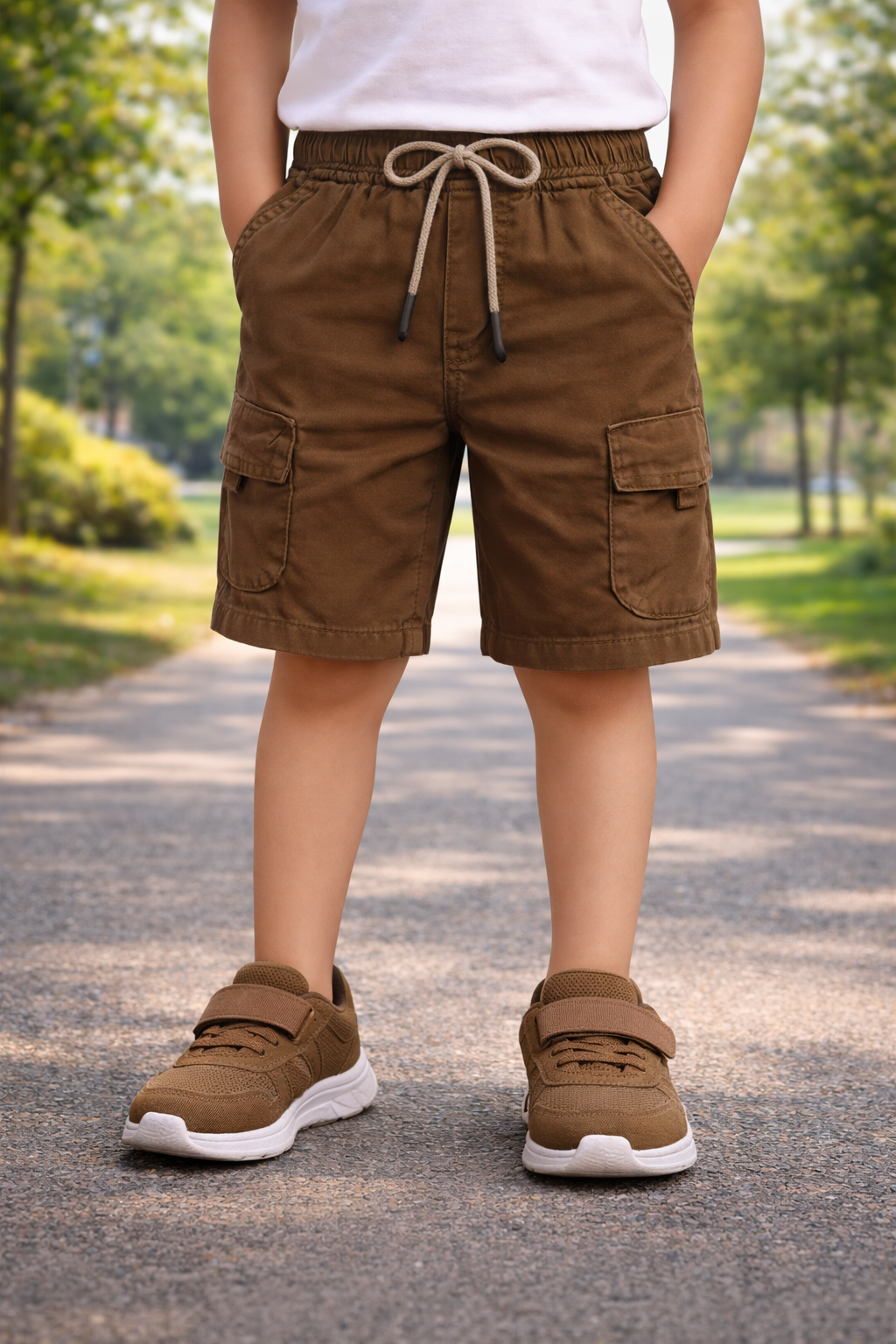 Boys Cotton Denim Cargo Shorts with Drawstring Waist