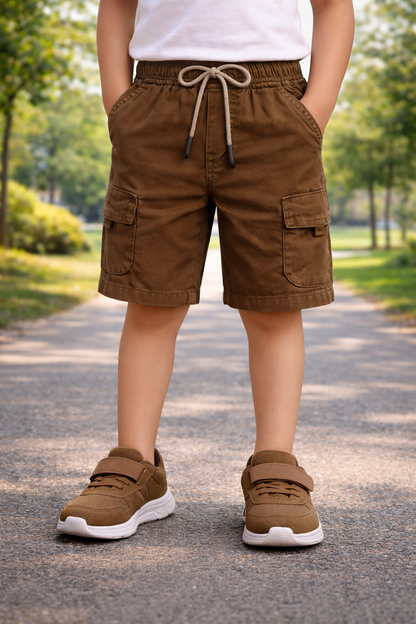 Boys Cotton Denim Cargo Shorts with Drawstring Waist