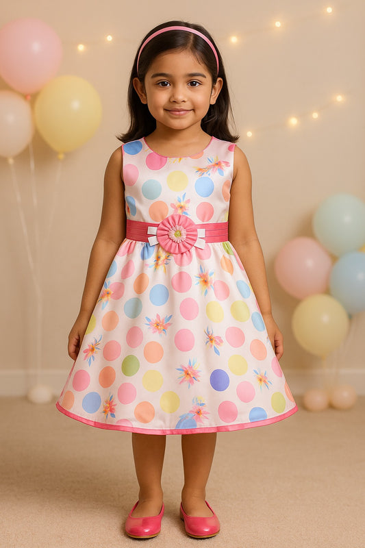 Pink Polka Dots Flower Detail Dress