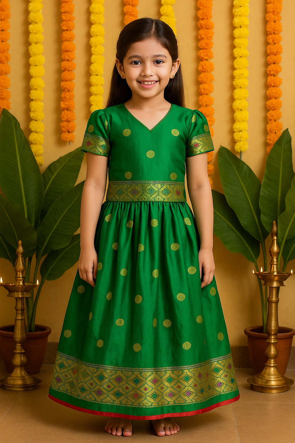 Girls Zari Woven Pattu Pavadai Choli Skirt Set