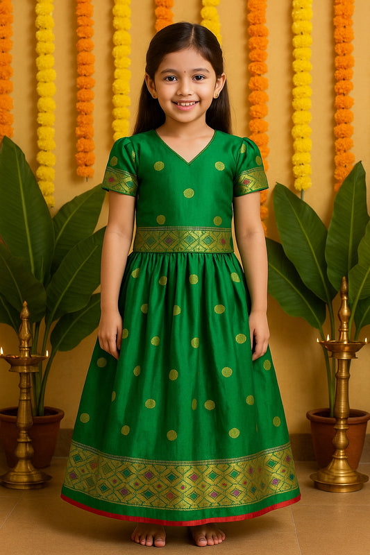 Girls Zari Woven Pattu Pavadai Choli Skirt Set