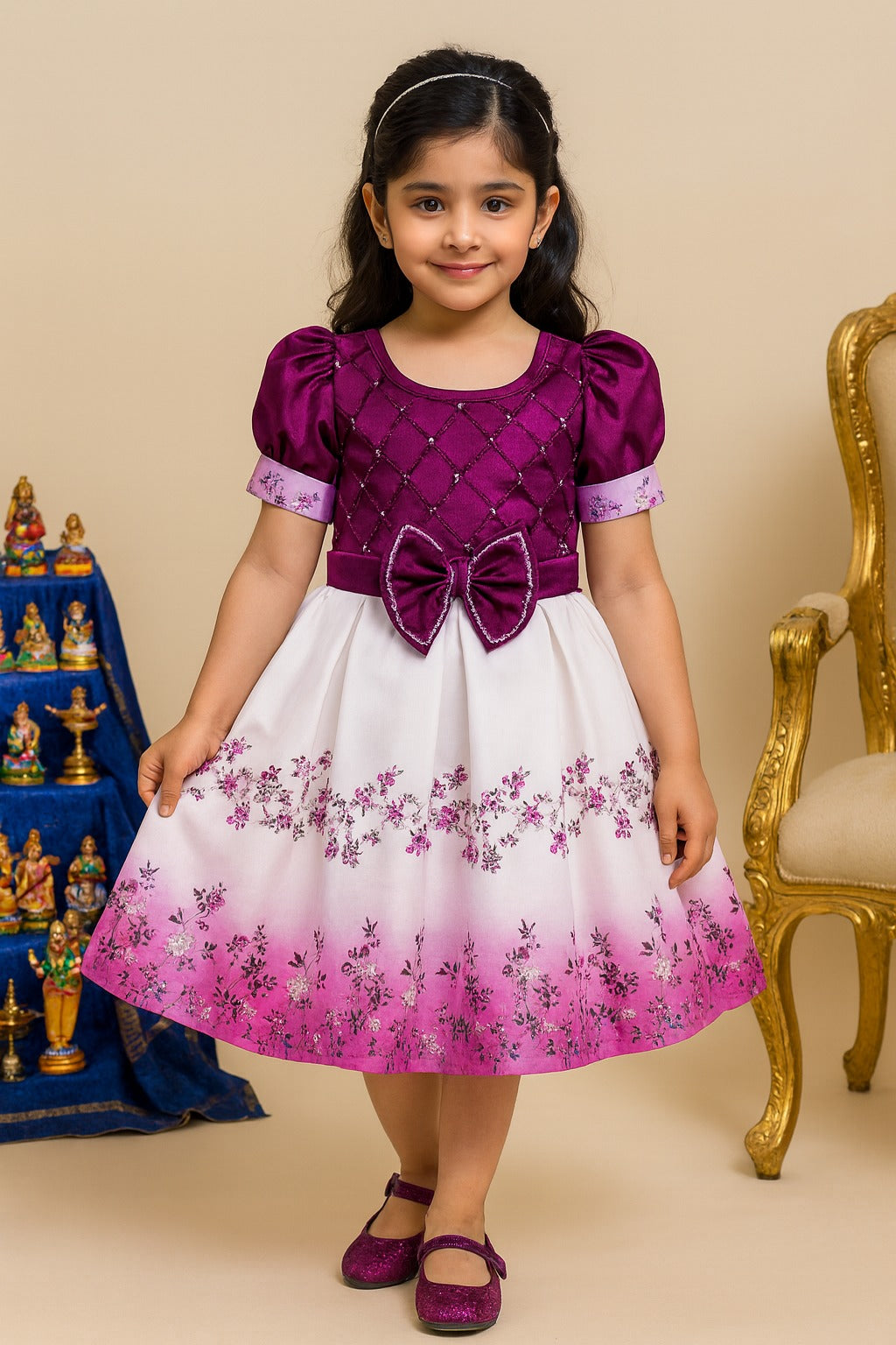 Girls Embellished Floral Print Pleated Party Dress