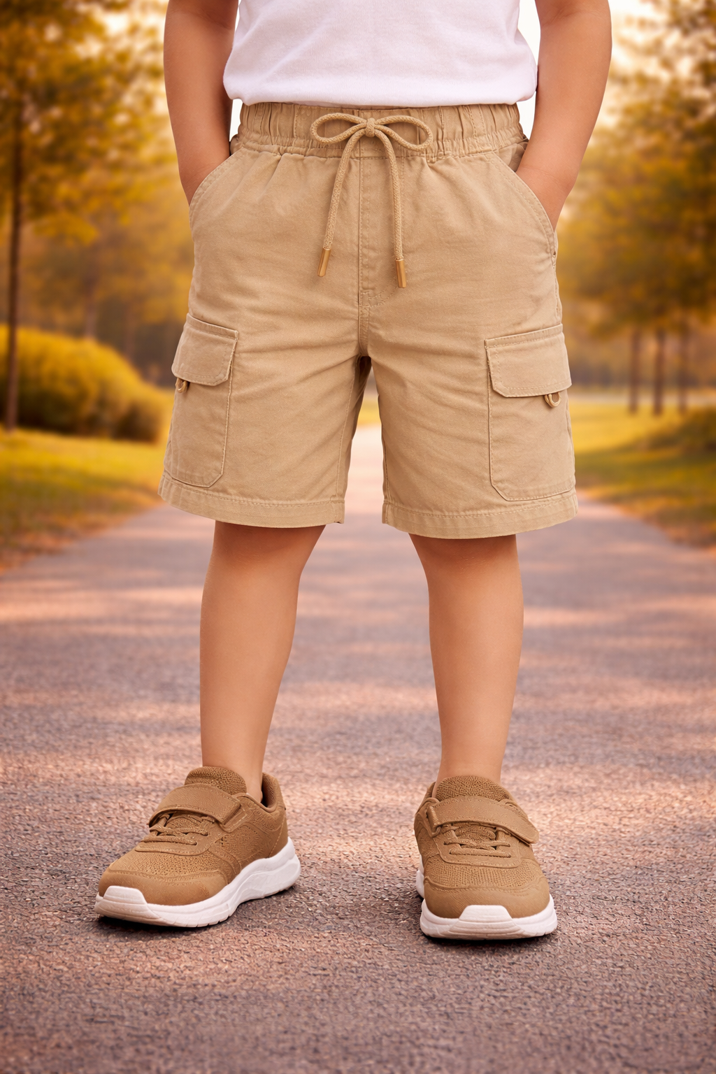 Boys Cotton Denim Cargo Shorts with Drawstring Waist