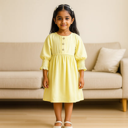 Girls Full Sleeve Rayon Casual Dress with Lace Detailing