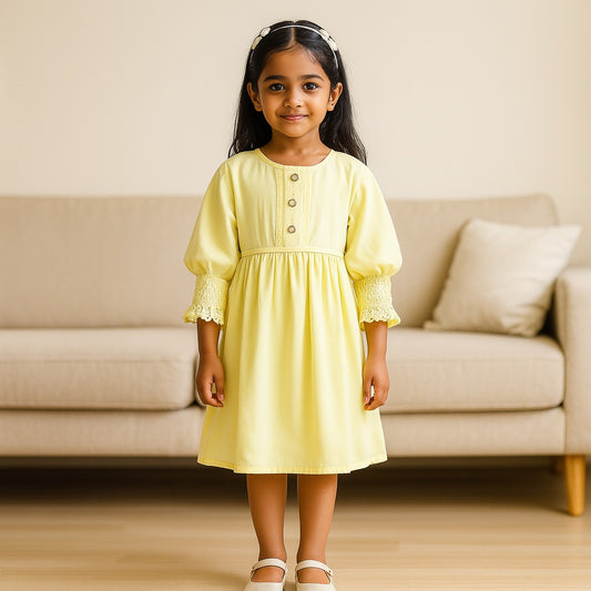 Girls Full Sleeve Rayon Casual Dress with Lace Detailing