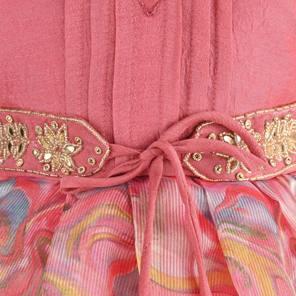 Girls Floral Bead Embellished Puff Sleeve Ethnic Dress
