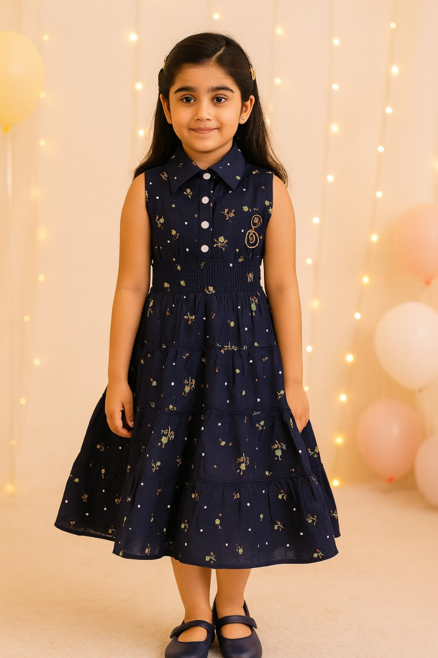 Girls Floral Printed Button Up Collar Summer Casual Dress