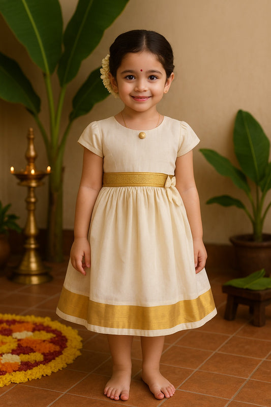 Baby Girls Goden Kasavu Zari Frock Dress - Onam Special