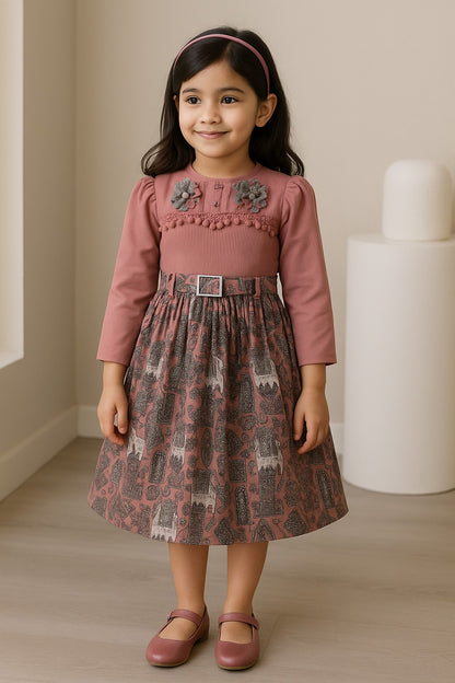 Girls Floral Print Casual Dress with Belt