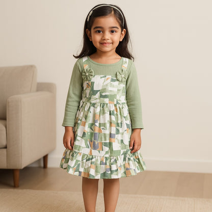 Girls Abstract Print T-shirt and Pinafore Dungaree Dress Set