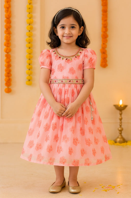 Girls Floral Printed Mirror Embellished Ethnic Dress