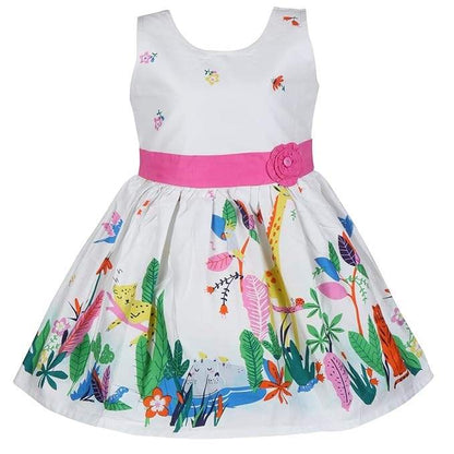 Girls White Jungle Print Cotton Sleeveless Dress with Pink Waist Belt