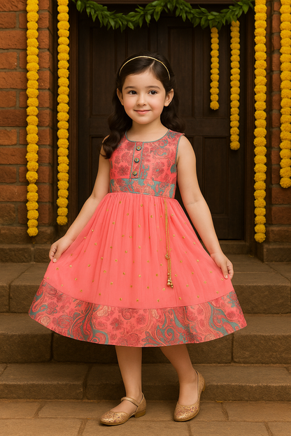 Girls Floral Zari Sequin Flared Dress