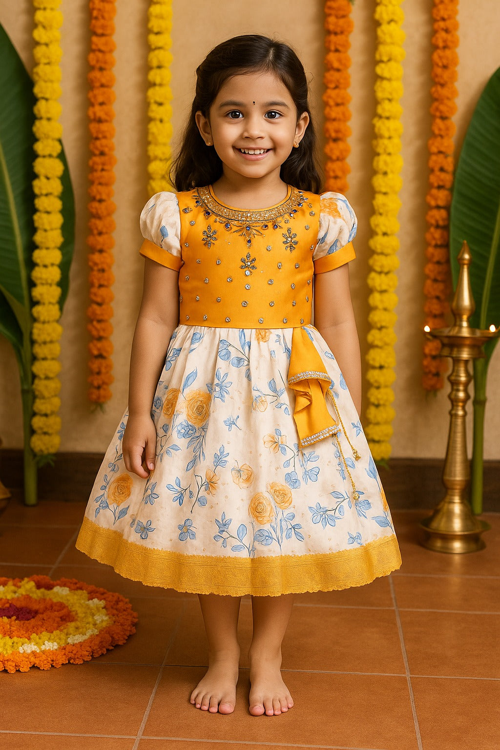 Girls Floral Printed Bead Embellished Ethnic Dress