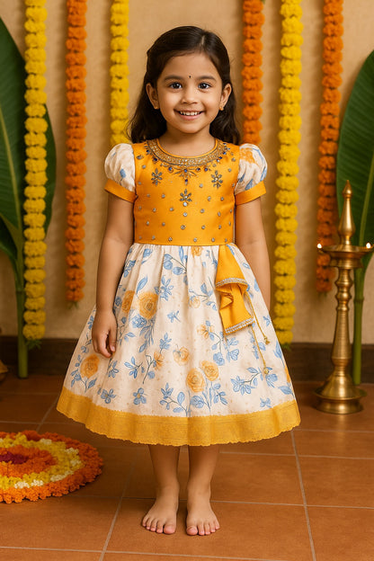 Girls Floral Printed Bead Embellished Ethnic Dress