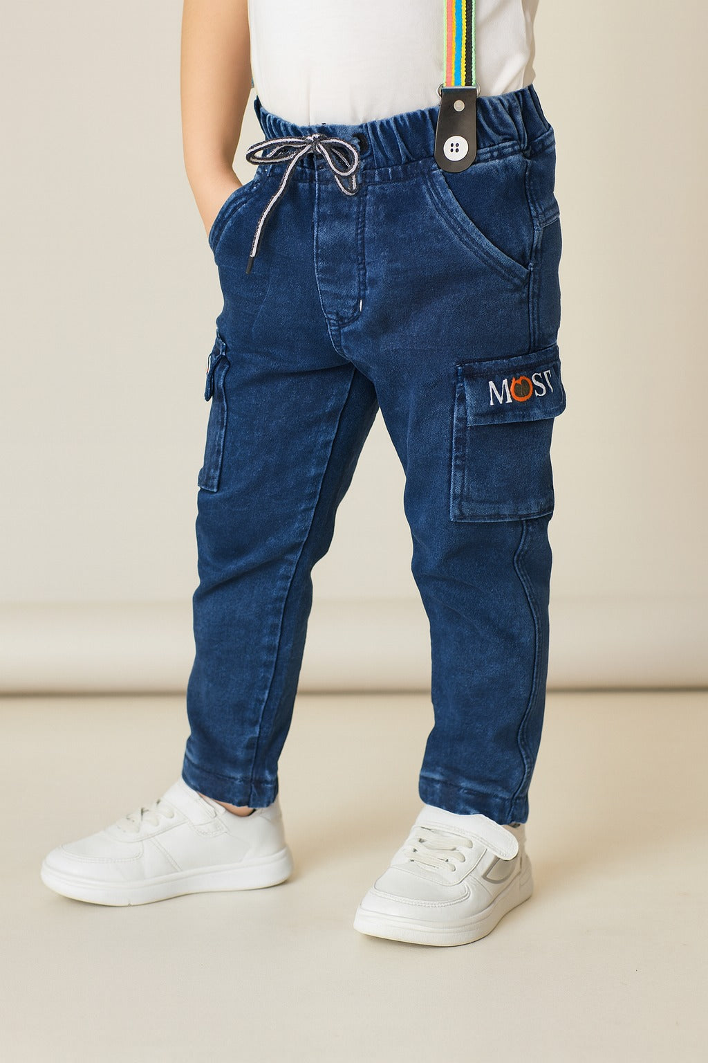 Boys Blue Denim Elastic Cargo Trouser With Suspenders