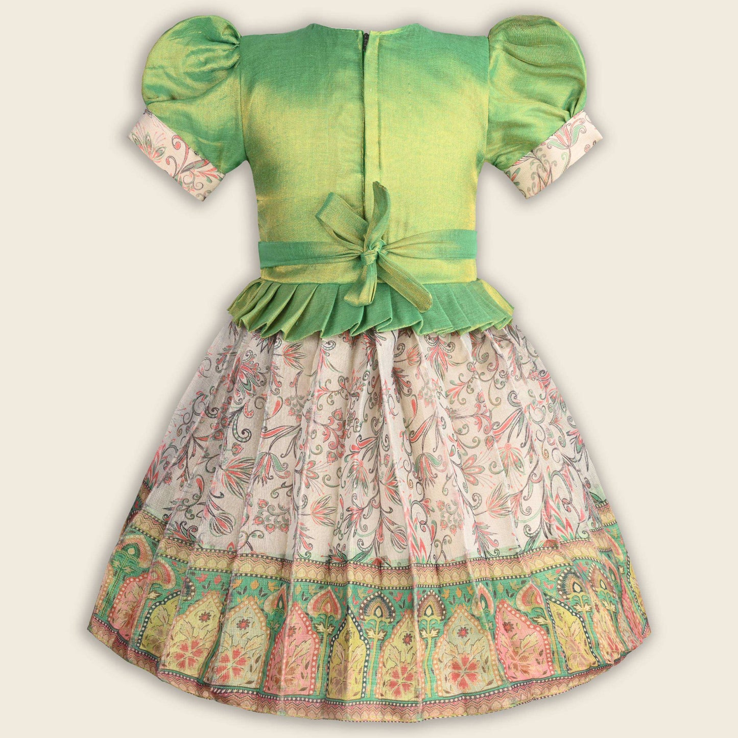 Girls Floral Art Silk with Puff Sleeves & Bead Work Festive Dress