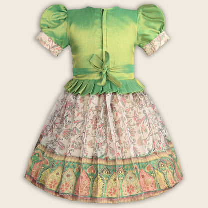 Girls Floral Art Silk with Puff Sleeves & Bead Work Festive Dress