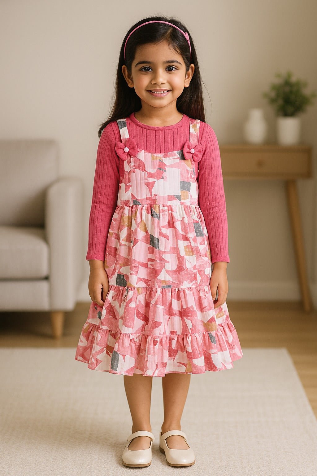 Girls Abstract Print T-shirt and Pinafore Dungaree Dress Set