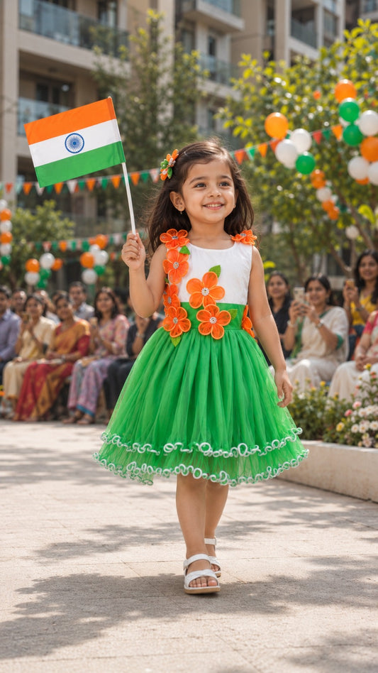 Girls Floral Applique Tricolor Republic Day Special Dress