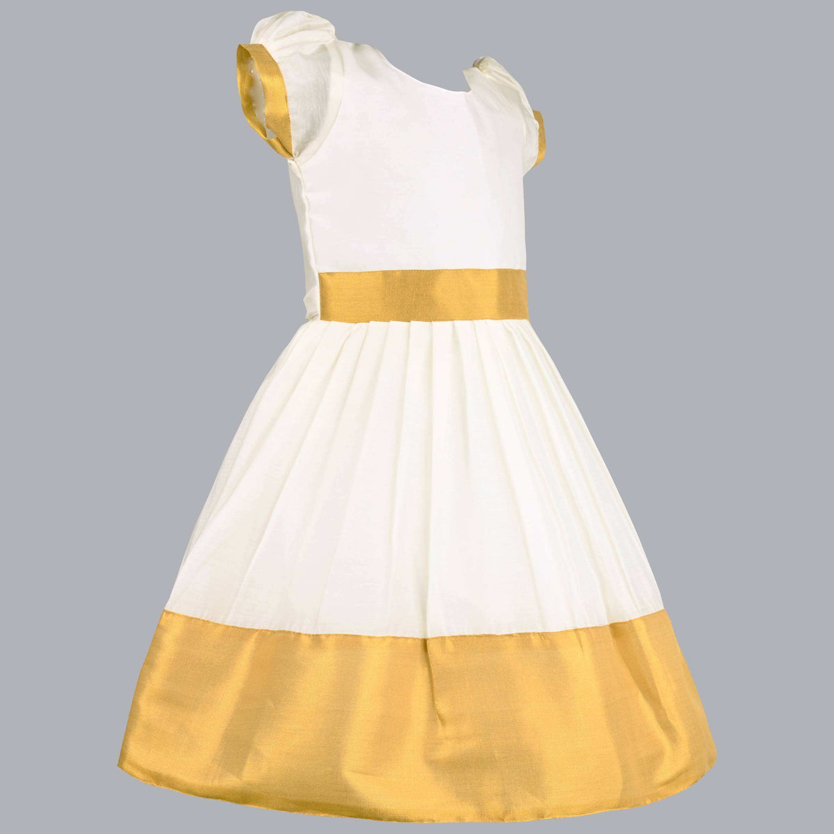 Baby Girls Golden Zari Kasavu Pleated Onam Frock Dress