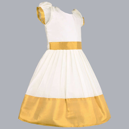 Baby Girls Golden Zari Kasavu Pleated Onam Frock Dress