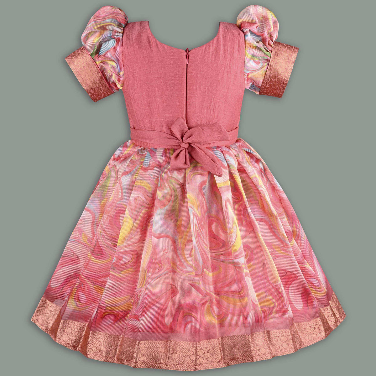 Girls Floral Bead Embellished Puff Sleeve Ethnic Dress