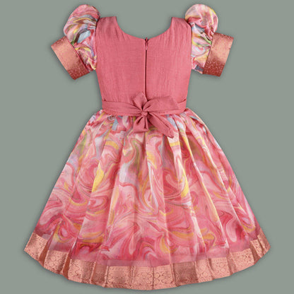 Girls Floral Bead Embellished Puff Sleeve Ethnic Dress