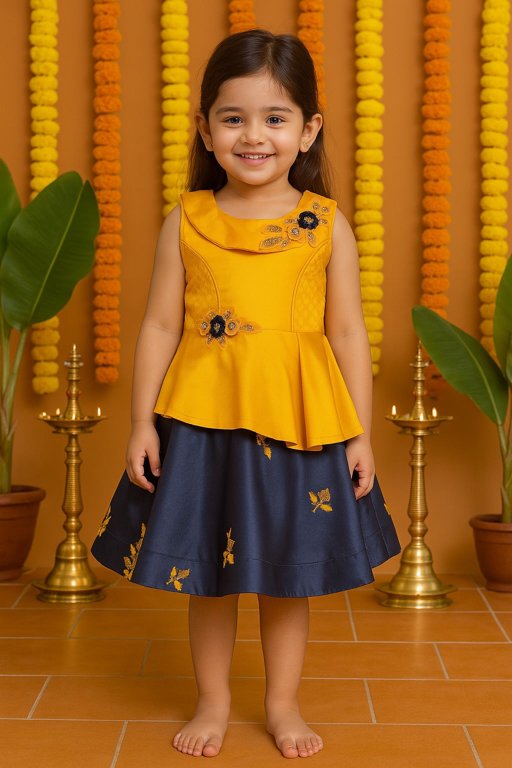 Girls Floral Embroidered Layered Ethnic Dress
