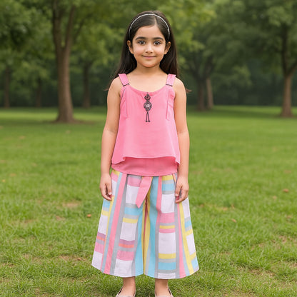 Girls Stylish Top and Printed Flared Trouser Set