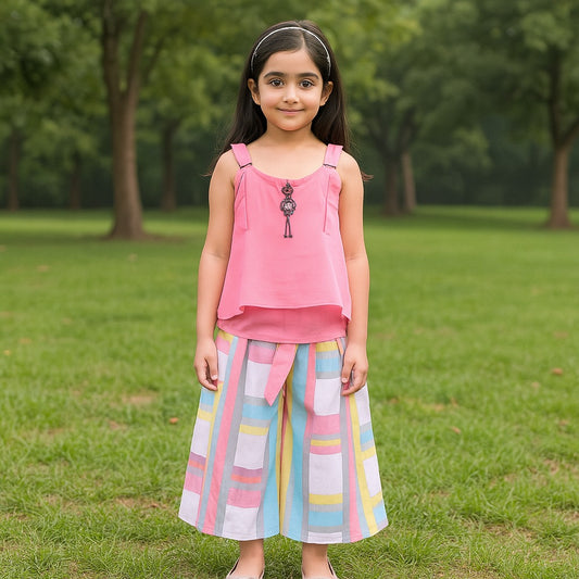 Girls Stylish Top and Printed Flared Trouser Set