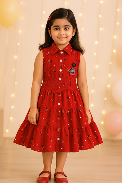 Girls Floral Printed Button Up Collar Summer Casual Dress