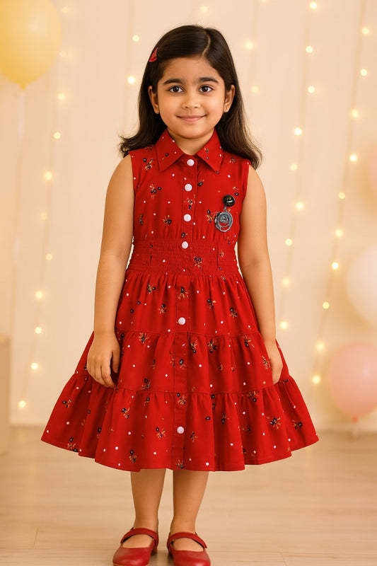 Girls Floral Printed Button Up Collar Summer Casual Dress