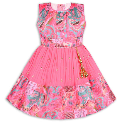 Girls Floral Design Sequin Flared Dress