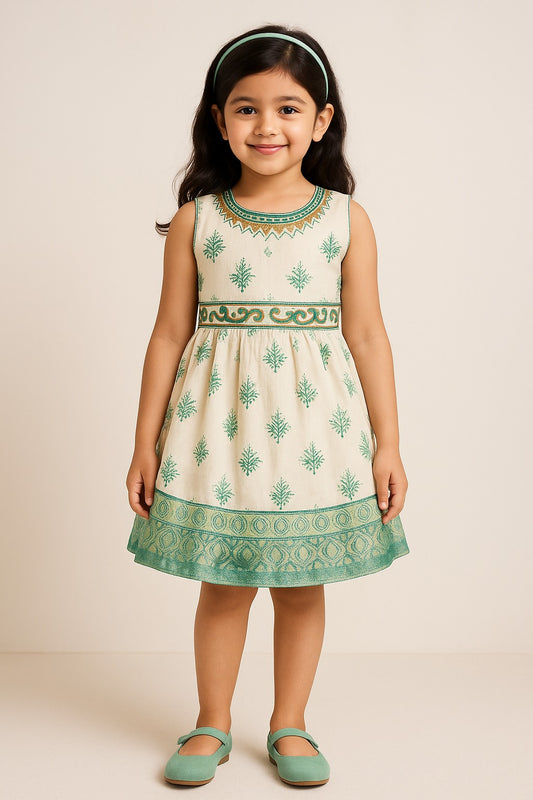 Baby Girls Beaded Woven Zari Border Ethnic Onam Frock Dress