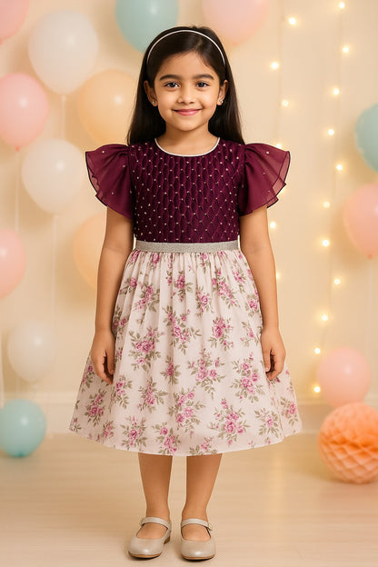 Girls Floral Print Flared Sleeve Fit and Flare Frock Dress