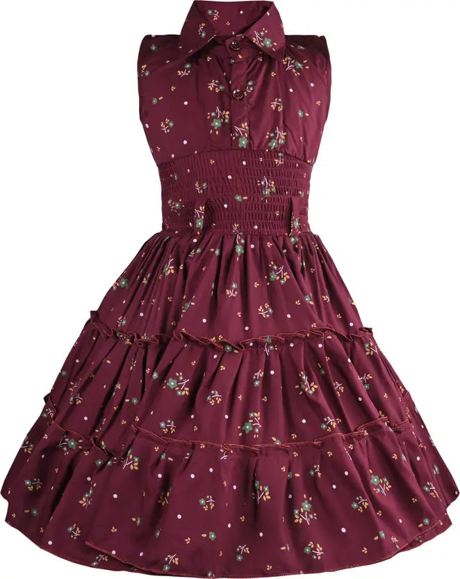 Girls Floral Printed Button Up Collar Summer Casual Dress