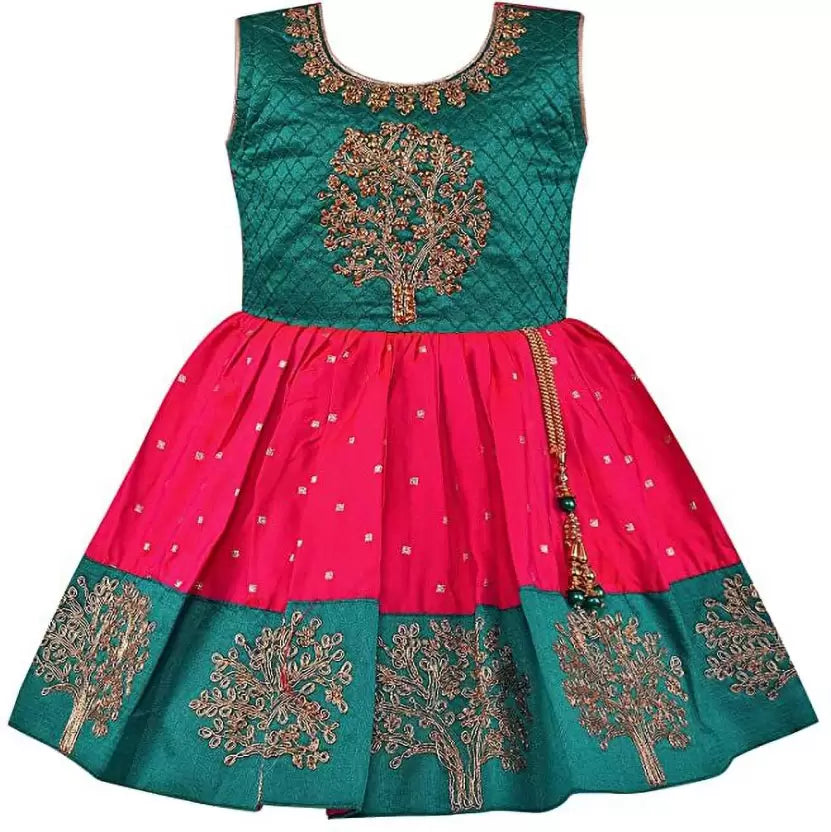 Baby Girls Silk Embroidered Ethnic Frock Dress With Jacket