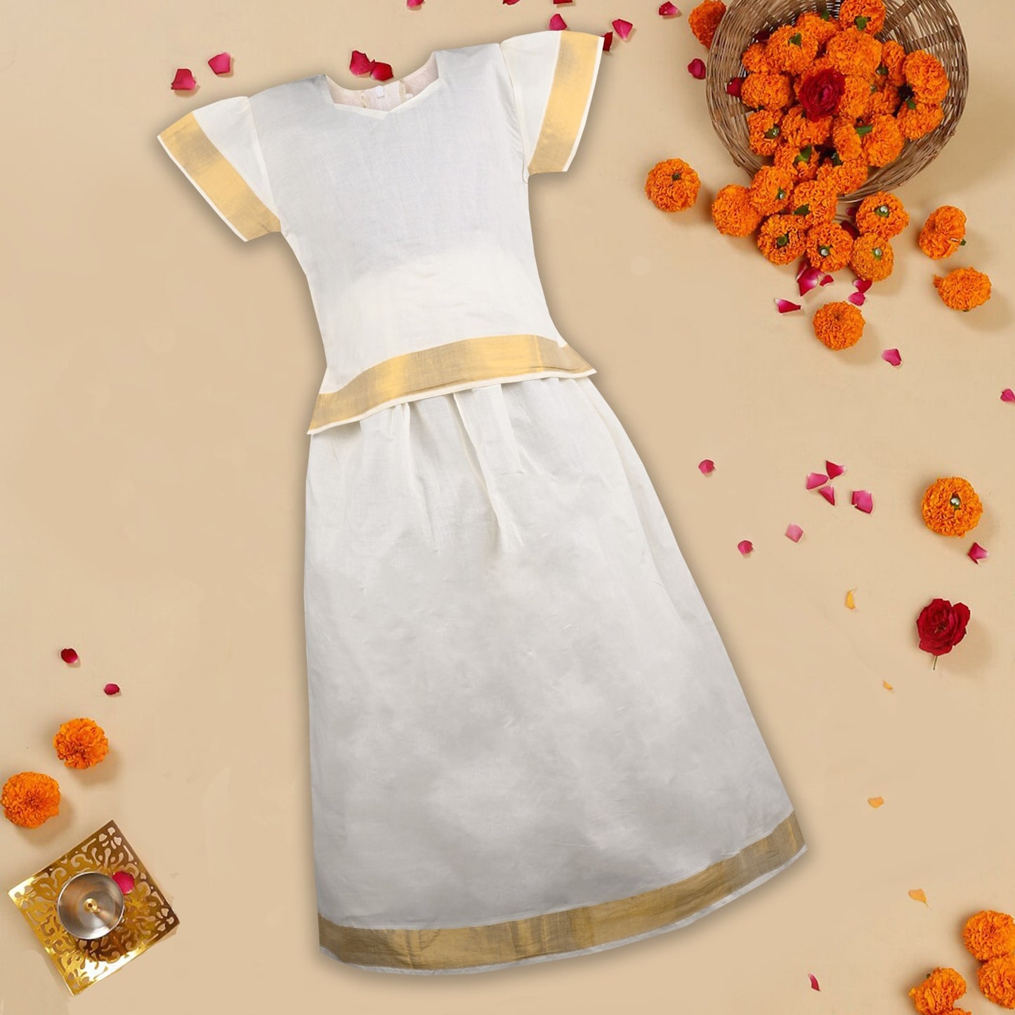 Elegant Kasavu Top & Skirt Set for Girls |  Baby Girls Onam Dress