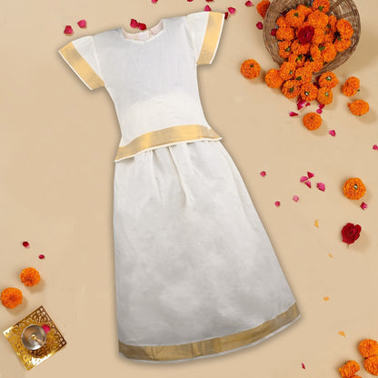 Elegant Kasavu Top & Skirt Set for Girls |  Baby Girls Onam Dress