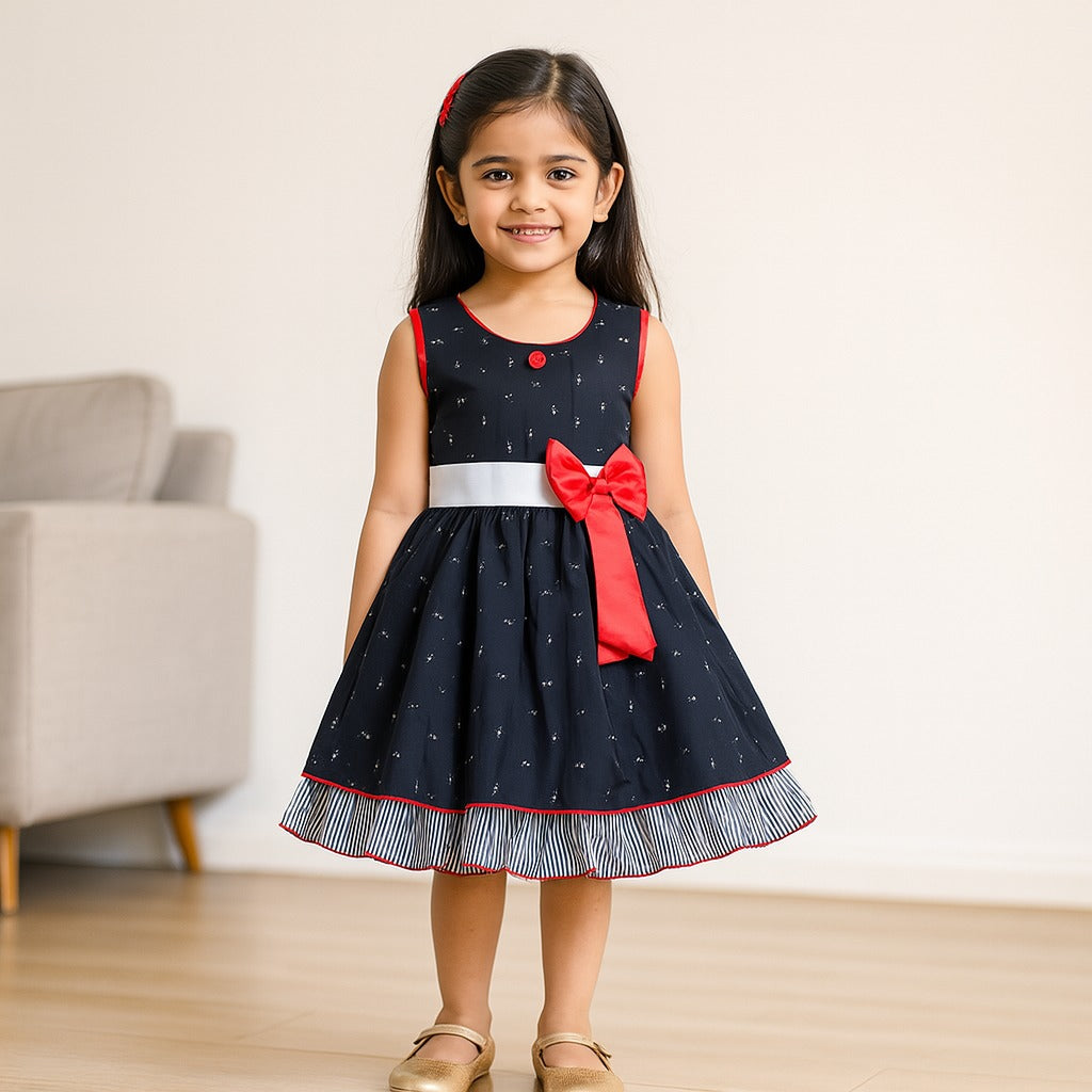 Girls A-line Graphic Printed dress with bow detail