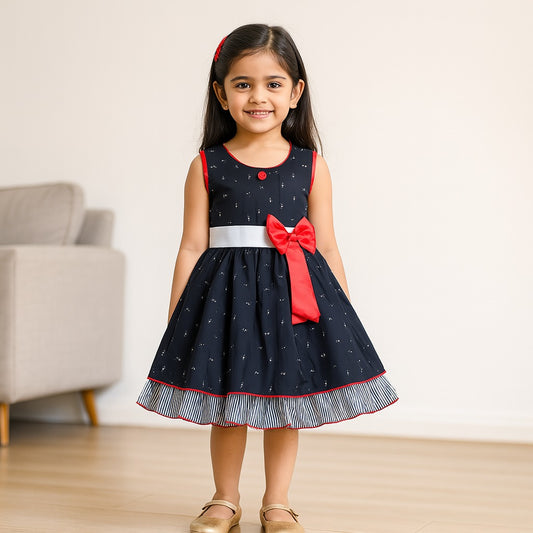 Girls A-line Graphic Printed dress with bow detail