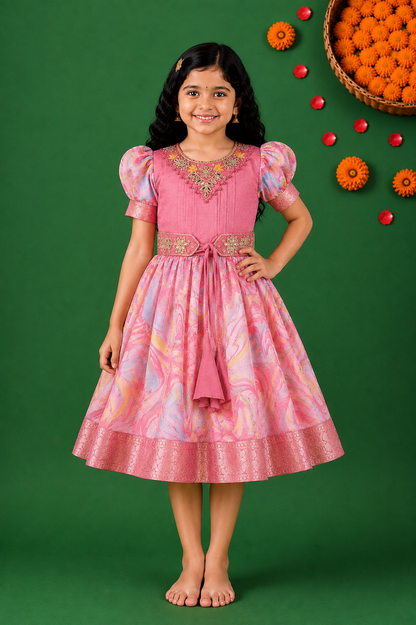 Girls Floral Bead Embellished Puff Sleeve Ethnic Dress