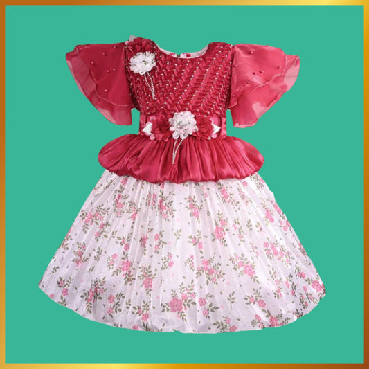 Girls Floral Print Cap Sleeve A-Line Frock Dress