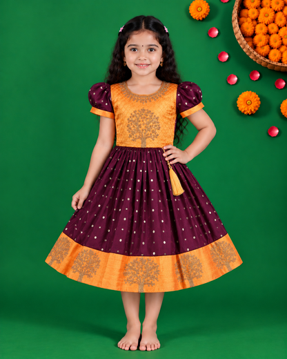 Girls Silk Embroidered Motif Ethnic Dress