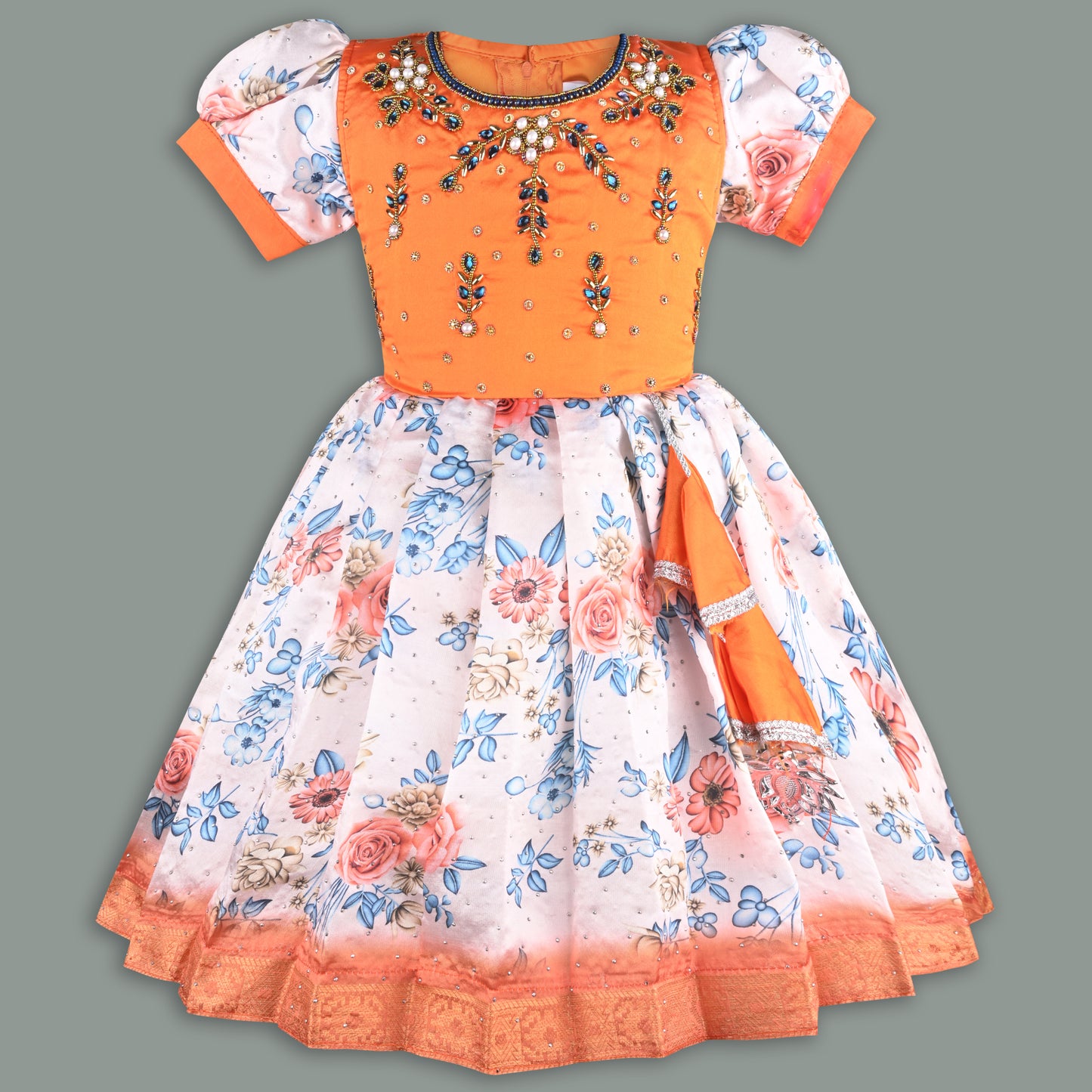 Girls Floral Printed Bead Embellished Ethnic Dress