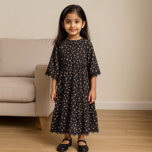 Girls Floral Print Kaftan Style Casual Dress with Lace Detailing