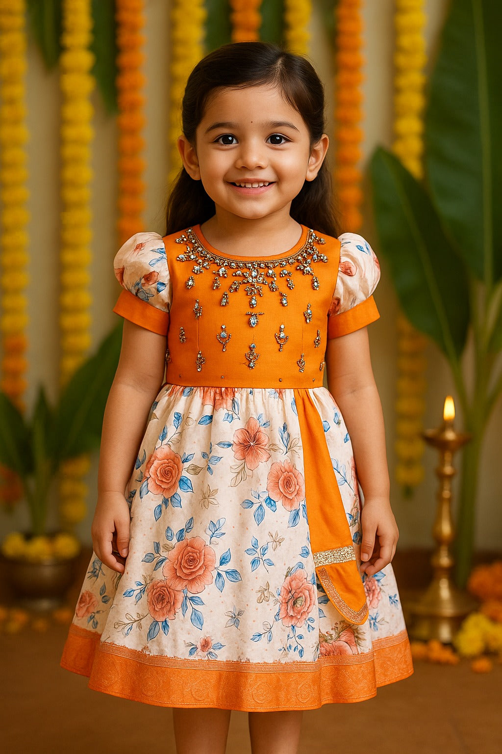 Girls Floral Printed Bead Embellished Ethnic Dress