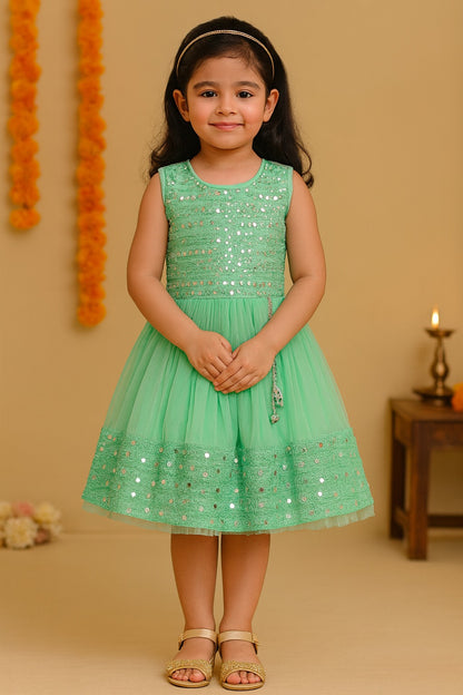 Girls Mirror Work Flared Ethnic Dress
