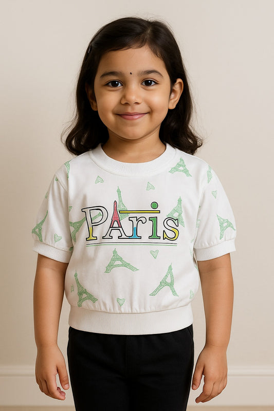 Girls Paris Print Top with Elastic Waist